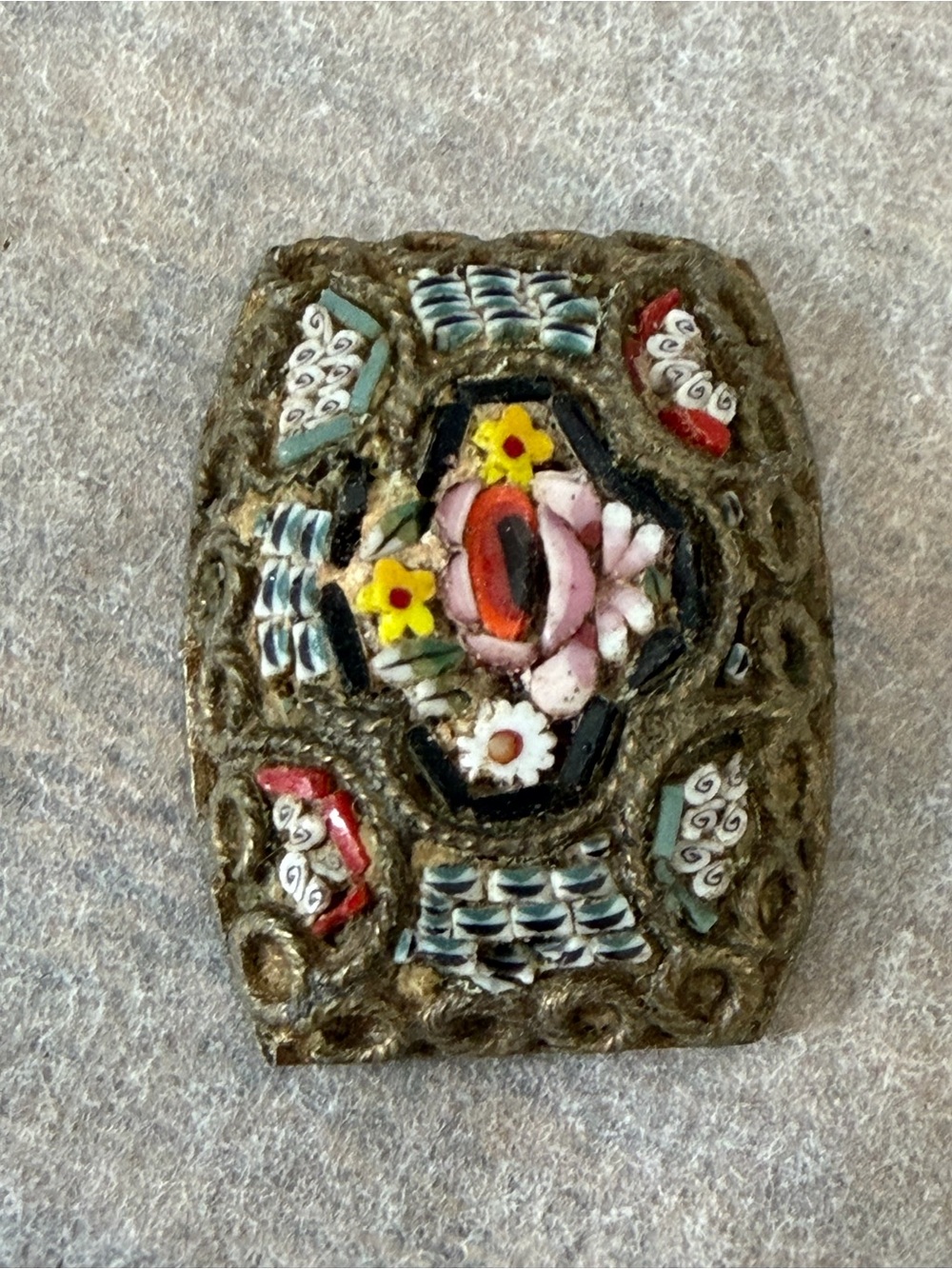 Vintage Italian Micro Mosaic Floral Brooch Component Made In Italy Rectangle